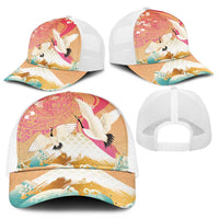 Hawaiian and Japanese Culture Together Mesh Trucker Cap Kakau Art Tattoo with Cranes and Sakura Spring Vibe LT03 - Polynesian Pride