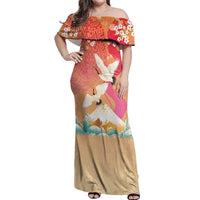 Hawaiian and Japanese Culture Together Off Shoulder Maxi Dress Kakau Art Tattoo with Cranes and Sakura Spring Vibe - Polynesian Pride