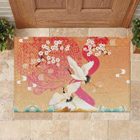 Hawaiian and Japanese Culture Together Rubber Doormat Kakau Art Tattoo with Cranes and Sakura Spring Vibe - Polynesian Pride