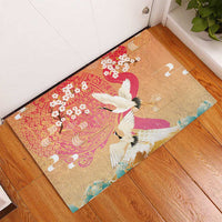 Hawaiian and Japanese Culture Together Rubber Doormat Kakau Art Tattoo with Cranes and Sakura Spring Vibe - Polynesian Pride