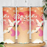 Hawaiian and Japanese Culture Together Skinny Tumbler Kakau Art Tattoo with Cranes and Sakura Spring Vibe - Polynesian Pride