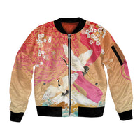 Hawaiian and Japanese Culture Together Sleeve Zip Bomber Jacket Kakau Art Tattoo with Cranes and Sakura Spring Vibe - Polynesian Pride
