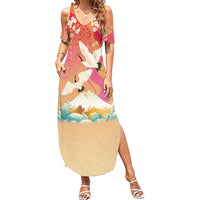 Hawaiian and Japanese Culture Together Summer Maxi Dress Kakau Art Tattoo with Cranes and Sakura Spring Vibe - Polynesian Pride