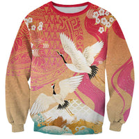 Hawaiian and Japanese Culture Together Sweatshirt Kakau Art Tattoo with Cranes and Sakura Spring Vibe - Polynesian Pride