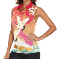 Hawaiian and Japanese Culture Together Women Sleeveless Polo Shirt Kakau Art Tattoo with Cranes and Sakura Spring Vibe - Polynesian Pride