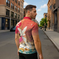 Hawaiian and Japanese Culture Together Zipper Polo Shirt Kakau Art Tattoo with Cranes and Sakura Spring Vibe - Polynesian Pride