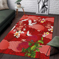 Hawaiian and Japanese Culture Together Area Rug Red Ohia Lehua Plumeria and Sakura Blooming - Polynesian Pride