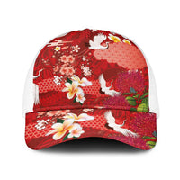 Hawaiian and Japanese Culture Together Baseball Net Cap Red Ohia Lehua Plumeria and Sakura Blooming LT03 One Size White Red - Polynesian Pride