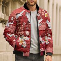Hawaiian and Japanese Culture Together Bomber Puffer Jacket Red Ohia Lehua Plumeria and Sakura Blooming - Polynesian Pride