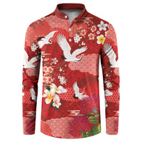 Hawaiian and Japanese Culture Together Button Sweatshirt Red Ohia Lehua Plumeria and Sakura Blooming - Polynesian Pride