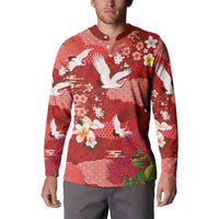 Hawaiian and Japanese Culture Together Button Sweatshirt Red Ohia Lehua Plumeria and Sakura Blooming - Polynesian Pride