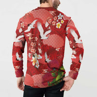Hawaiian and Japanese Culture Together Button Sweatshirt Red Ohia Lehua Plumeria and Sakura Blooming - Polynesian Pride