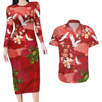 Hawaiian and Japanese Culture Together Couples Matching Long Sleeve Bodycon Dress and Hawaiian Shirt Red Ohia Lehua Plumeria and Sakura Blooming LT03 Red - Polynesian Pride
