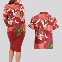Hawaiian and Japanese Culture Together Couples Matching Long Sleeve Bodycon Dress and Hawaiian Shirt Red Ohia Lehua Plumeria and Sakura Blooming LT03 - Polynesian Pride
