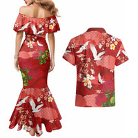 Hawaiian and Japanese Culture Together Couples Matching Mermaid Dress and Hawaiian Shirt Red Ohia Lehua Plumeria and Sakura Blooming LT03 - Polynesian Pride