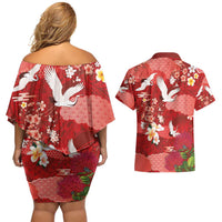 Hawaiian and Japanese Culture Together Couples Matching Off Shoulder Short Dress and Hawaiian Shirt Red Ohia Lehua Plumeria and Sakura Blooming - Polynesian Pride