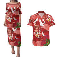 Hawaiian and Japanese Culture Together Couples Matching Puletasi and Hawaiian Shirt Red Ohia Lehua Plumeria and Sakura Blooming - Polynesian Pride