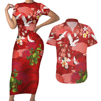 Hawaiian and Japanese Culture Together Couples Matching Short Sleeve Bodycon Dress and Hawaiian Shirt Red Ohia Lehua Plumeria and Sakura Blooming LT03 Red - Polynesian Pride