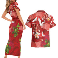 Hawaiian and Japanese Culture Together Couples Matching Short Sleeve Bodycon Dress and Hawaiian Shirt Red Ohia Lehua Plumeria and Sakura Blooming - Polynesian Pride