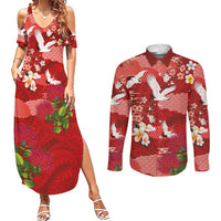 Hawaiian and Japanese Culture Together Couples Matching Summer Maxi Dress and Long Sleeve Button Shirt Red Ohia Lehua Plumeria and Sakura Blooming - Polynesian Pride