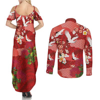 Hawaiian and Japanese Culture Together Couples Matching Summer Maxi Dress and Long Sleeve Button Shirt Red Ohia Lehua Plumeria and Sakura Blooming - Polynesian Pride