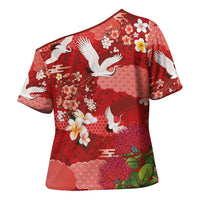Hawaiian and Japanese Culture Together Cross Shoulder Shirt Red Ohia Lehua Plumeria and Sakura Blooming - Polynesian Pride