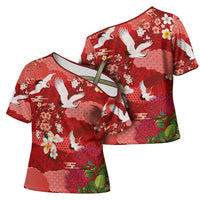 Hawaiian and Japanese Culture Together Cross Shoulder Shirt Red Ohia Lehua Plumeria and Sakura Blooming - Polynesian Pride