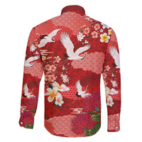 Hawaiian and Japanese Culture Together Family Matching Long Sleeve Bodycon Dress and Hawaiian Shirt Red Ohia Lehua Plumeria and Sakura Blooming - Polynesian Pride