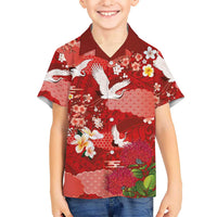 Hawaiian and Japanese Culture Together Family Matching Long Sleeve Bodycon Dress and Hawaiian Shirt Red Ohia Lehua Plumeria and Sakura Blooming LT03 Son's Shirt Red - Polynesian Pride