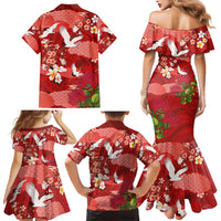 Hawaiian and Japanese Culture Together Family Matching Mermaid Dress and Hawaiian Shirt Red Ohia Lehua Plumeria and Sakura Blooming LT03 - Polynesian Pride