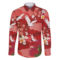 Hawaiian and Japanese Culture Together Family Matching Mermaid Dress and Hawaiian Shirt Red Ohia Lehua Plumeria and Sakura Blooming LT03 Dad's Shirt - Long Sleeve Red - Polynesian Pride