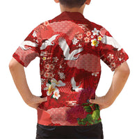 Hawaiian and Japanese Culture Together Family Matching Off The Shoulder Long Sleeve Dress and Hawaiian Shirt Red Ohia Lehua Plumeria and Sakura Blooming LT03 - Polynesian Pride