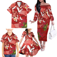 Hawaiian and Japanese Culture Together Family Matching Off The Shoulder Long Sleeve Dress and Hawaiian Shirt Red Ohia Lehua Plumeria and Sakura Blooming - Polynesian Pride