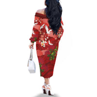 Hawaiian and Japanese Culture Together Family Matching Off The Shoulder Long Sleeve Dress and Hawaiian Shirt Red Ohia Lehua Plumeria and Sakura Blooming - Polynesian Pride