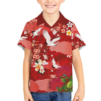 Hawaiian and Japanese Culture Together Family Matching Off The Shoulder Long Sleeve Dress and Hawaiian Shirt Red Ohia Lehua Plumeria and Sakura Blooming - Polynesian Pride