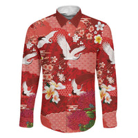 Hawaiian and Japanese Culture Together Family Matching Off Shoulder Maxi Dress and Hawaiian Shirt Red Ohia Lehua Plumeria and Sakura Blooming LT03 Dad's Shirt - Long Sleeve Red - Polynesian Pride