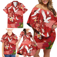 Hawaiian and Japanese Culture Together Family Matching Off Shoulder Short Dress and Hawaiian Shirt Red Ohia Lehua Plumeria and Sakura Blooming - Polynesian Pride