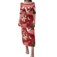 Hawaiian and Japanese Culture Together Family Matching Puletasi and Hawaiian Shirt Red Ohia Lehua Plumeria and Sakura Blooming - Polynesian Pride
