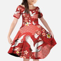 Hawaiian and Japanese Culture Together Family Matching Short Sleeve Bodycon Dress and Hawaiian Shirt Red Ohia Lehua Plumeria and Sakura Blooming LT03 Daughter's Dress Red - Polynesian Pride