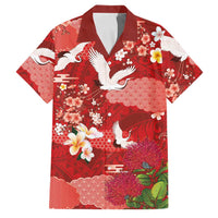Hawaiian and Japanese Culture Together Family Matching Short Sleeve Bodycon Dress and Hawaiian Shirt Red Ohia Lehua Plumeria and Sakura Blooming LT03 Dad's Shirt - Short Sleeve Red - Polynesian Pride