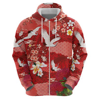 Hawaiian and Japanese Culture Together Hoodie Red Ohia Lehua Plumeria and Sakura Blooming - Polynesian Pride