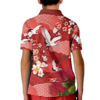 Hawaiian and Japanese Culture Together Kid Polo Shirt Red Ohia Lehua Plumeria and Sakura Blooming - Polynesian Pride