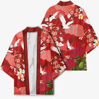Hawaiian and Japanese Culture Together Kimono Red Ohia Lehua Plumeria and Sakura Blooming - Polynesian Pride