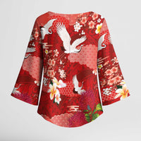 Hawaiian and Japanese Culture Together Kimono Sleeve Blouse Red Ohia Lehua Plumeria and Sakura Blooming - Polynesian Pride
