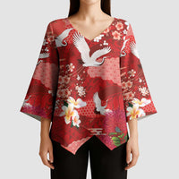 Hawaiian and Japanese Culture Together Kimono Sleeve Blouse Red Ohia Lehua Plumeria and Sakura Blooming - Polynesian Pride