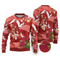 Hawaiian and Japanese Culture Together Ugly Christmas Sweater Red Ohia Lehua Plumeria and Sakura Blooming - Polynesian Pride