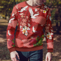 Hawaiian and Japanese Culture Together Ugly Christmas Sweater Red Ohia Lehua Plumeria and Sakura Blooming - Polynesian Pride