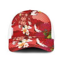 Hawaiian and Japanese Culture Together Mesh Trucker Cap Red Ohia Lehua Plumeria and Sakura Blooming LT03 One Size White Red - Polynesian Pride