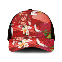 Hawaiian and Japanese Culture Together Mesh Trucker Cap Red Ohia Lehua Plumeria and Sakura Blooming - Polynesian Pride