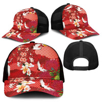 Hawaiian and Japanese Culture Together Mesh Trucker Cap Red Ohia Lehua Plumeria and Sakura Blooming LT03 - Polynesian Pride